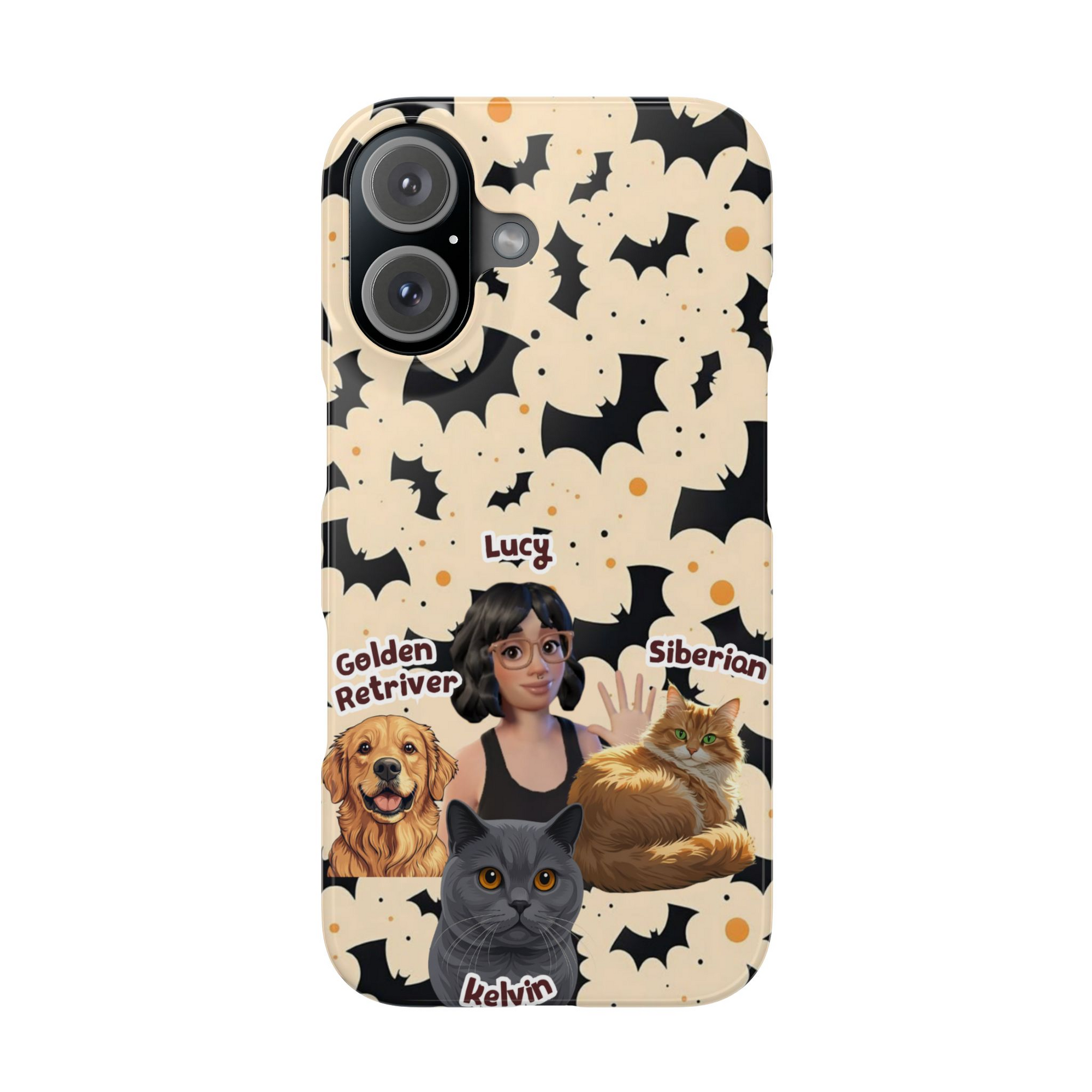 Halloween Edition - 3 Pets - Bat Design - Custom Pet & Owner Photo Phone Case